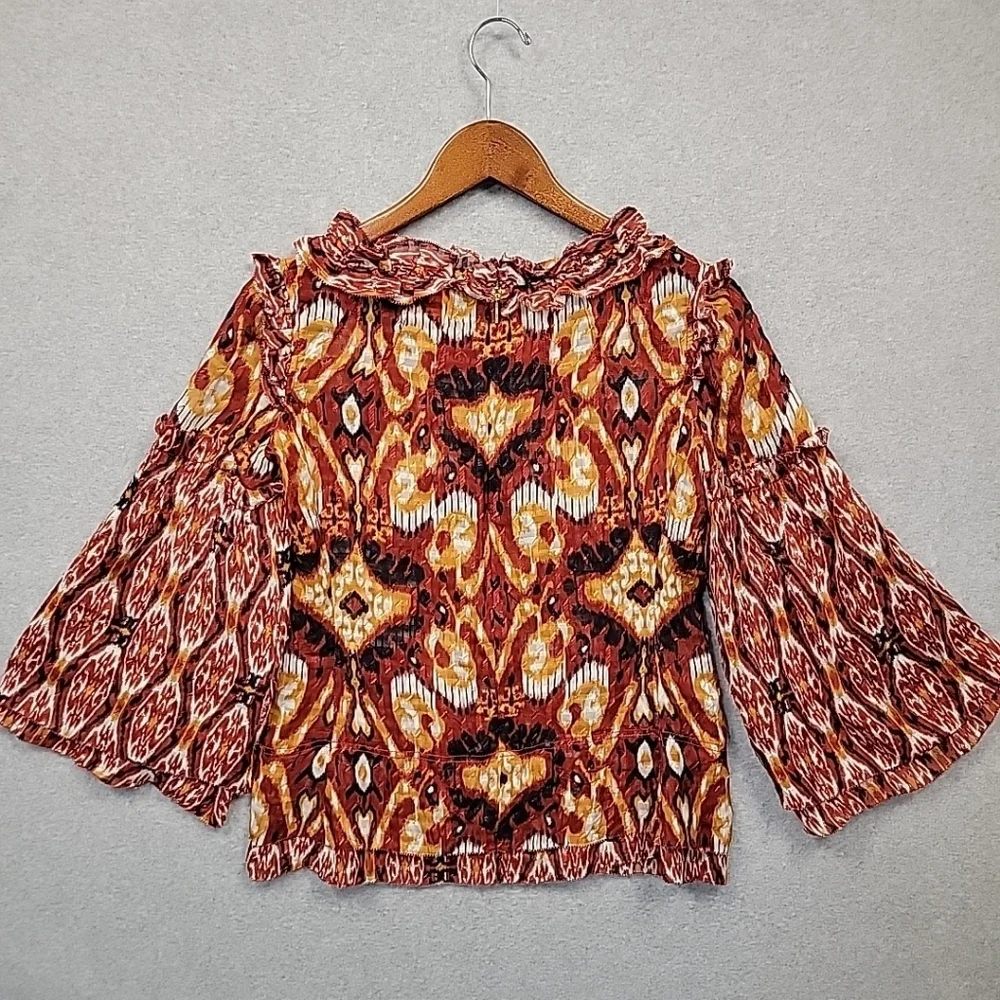 Tory Burch Silk Ikat Boho Blouse Size 6 Ruffle Peasant Flared Sleeve Layered Top
